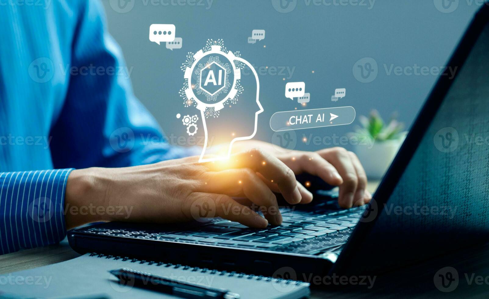 business people using artificial intelligence AI, search for information using an artificial intelligence chatbot. smart technology by inputting. future technology information, Open AI photo
