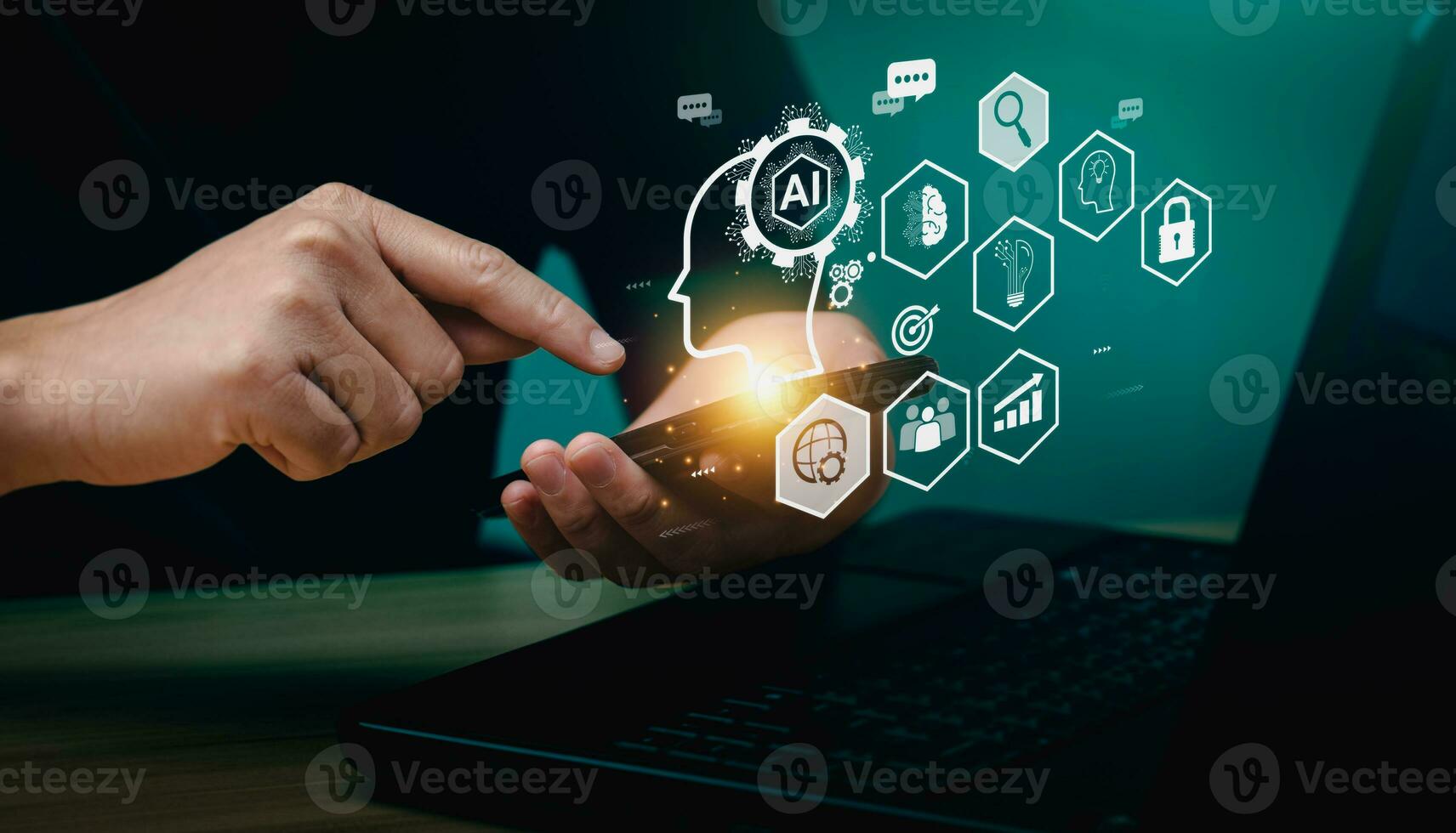 business people using artificial intelligence AI, search for information using an artificial intelligence chatbot. smart technology by inputting. future technology information, Open AI photo