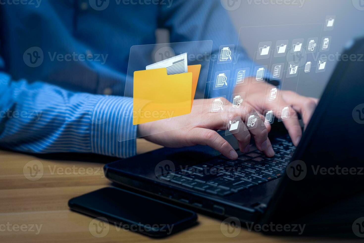 Document Management System concept. Enterprise content management, Digital asset management, Document imaging, Workflow, Records management, Online document file data software for efficient archiving. photo