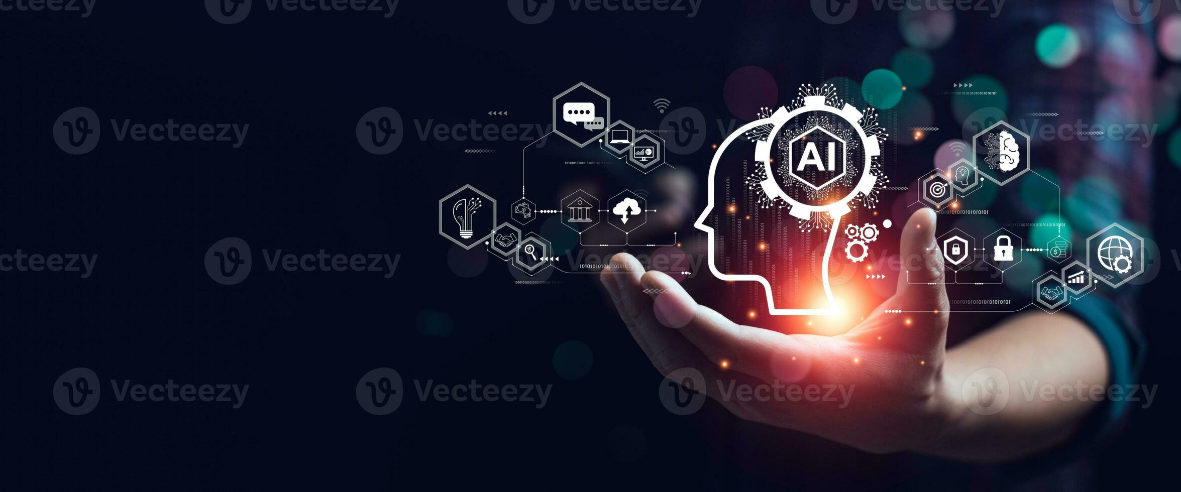 Businessman touching the brain working of Artificial Intelligence Ai Automation, Predictive analytics, Customer service AI-powered chatbot, analyze customer data, business and technology photo