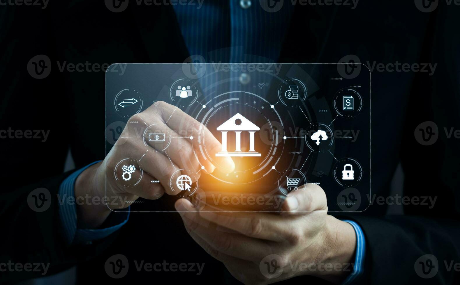 Businessman using mobile online banking and payments, digital marketing. Financial and banking networking. Customer network connection and online shopping icons cyber security, business technology photo