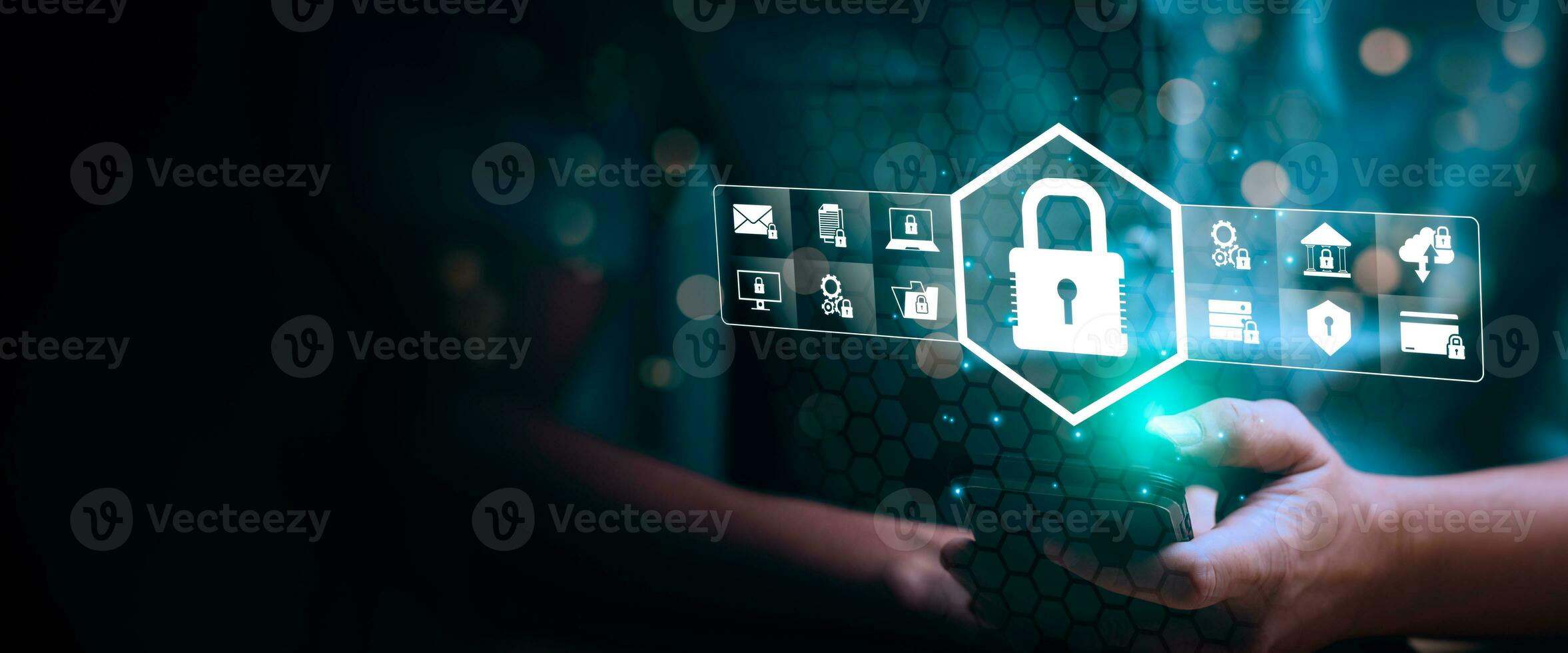 cybersecurity concept Global network security technology, Businessman protects personal information Encryption with a padlock icon on the virtual interface. data storage protection photo