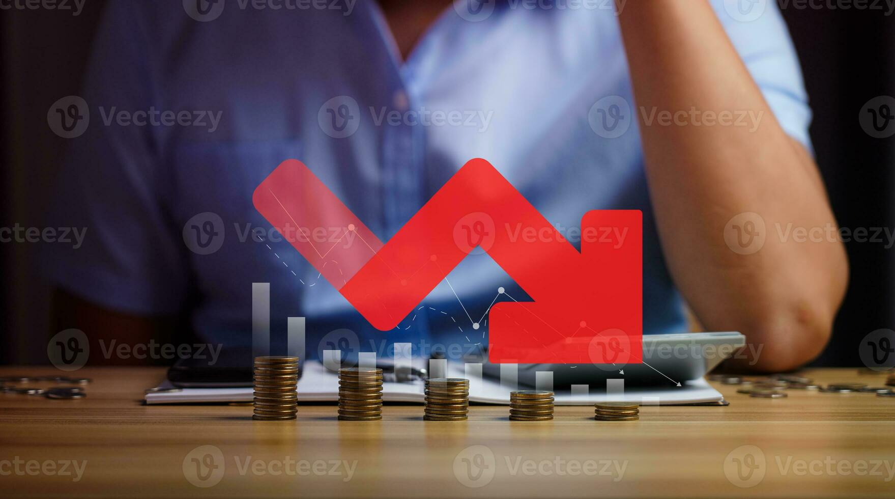 Economic recession concept, crisis. Money with red arrow down. Decreased funds and money. Fall of economy, capital reduction. Lowering in savings and reserves. Inflation. Falling income in GDP photo