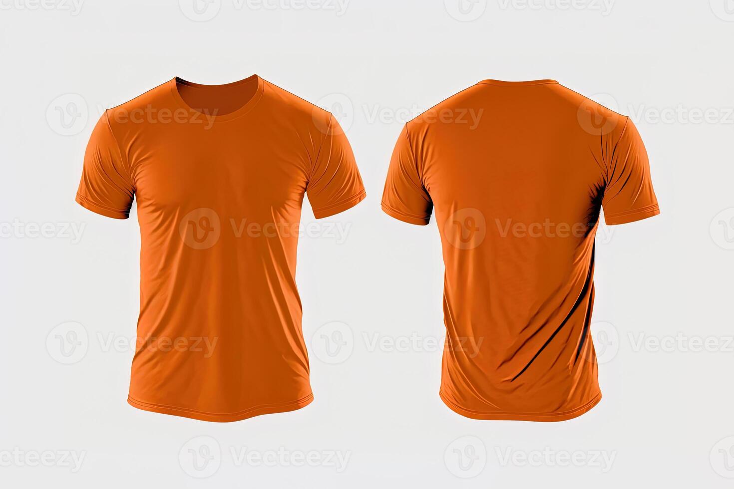 Photo realistic male orange t-shirts with copy space, front and back view.