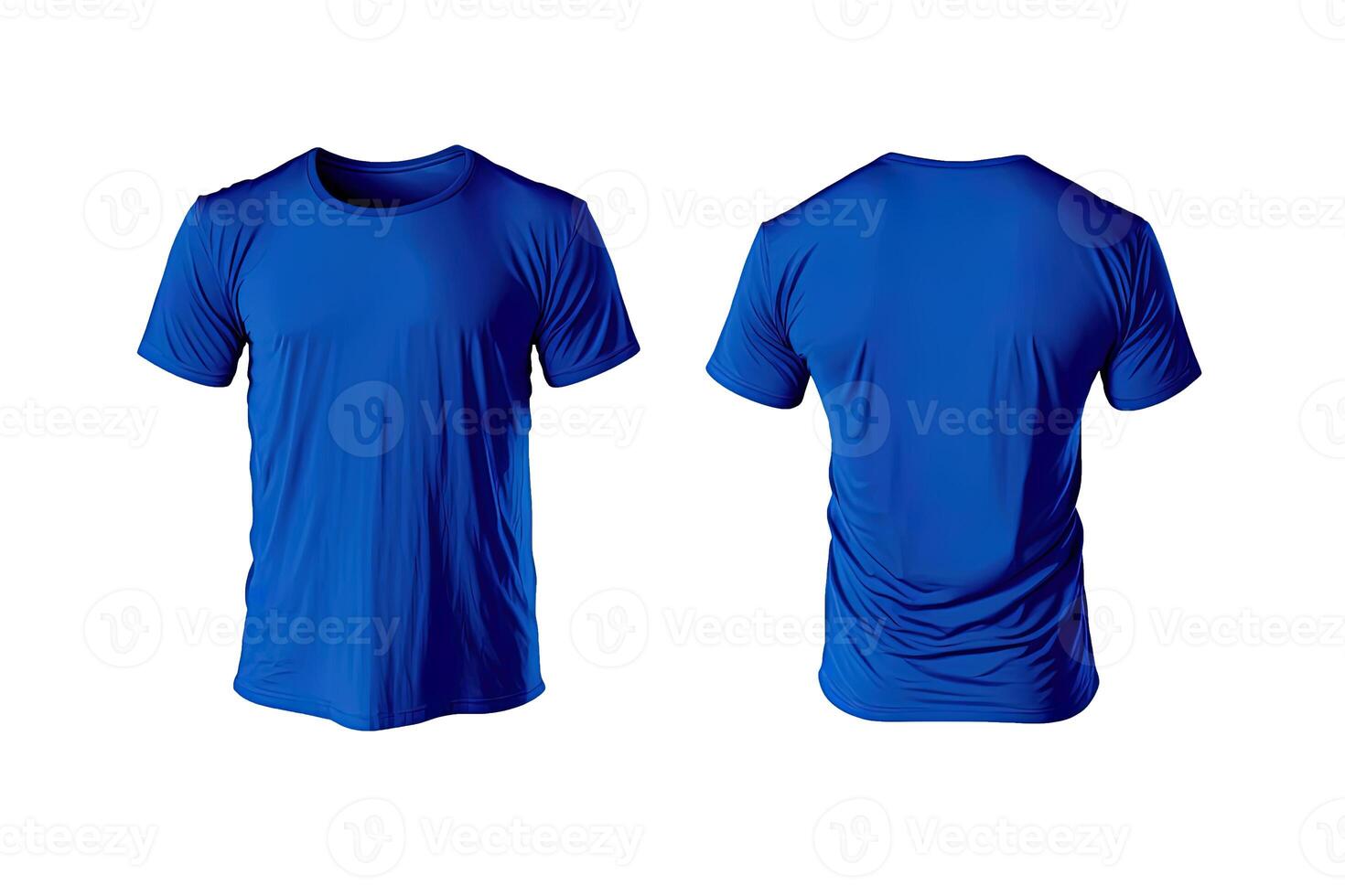 Photo realistic male blue t-shirts with copy space, front and back view.