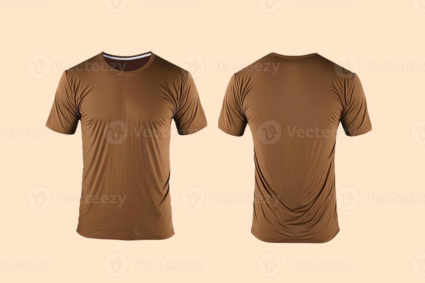 Photo realistic male brown t-shirts with copy space, front and back view.