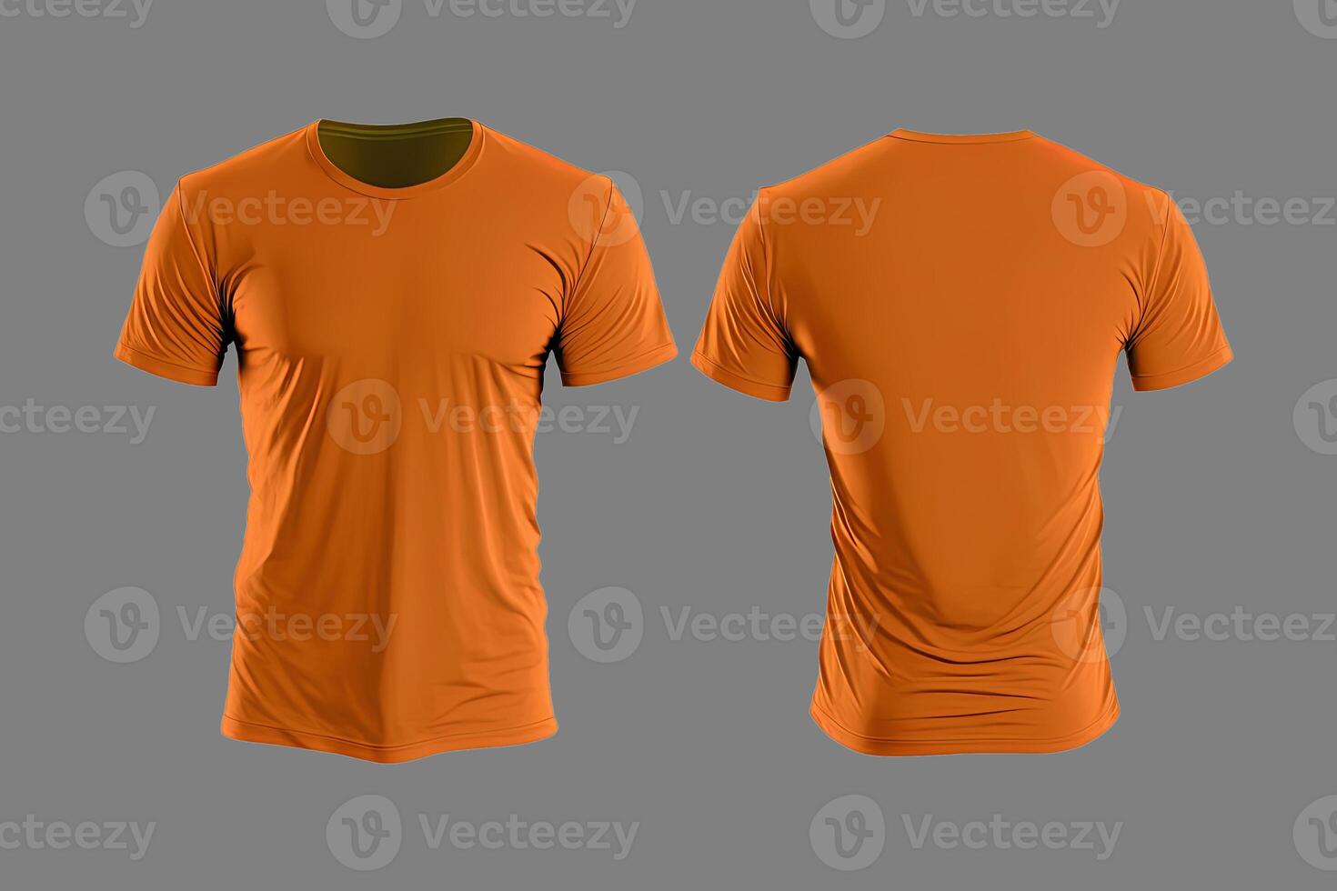 Photo realistic male orange t-shirts with copy space, front and back view.
