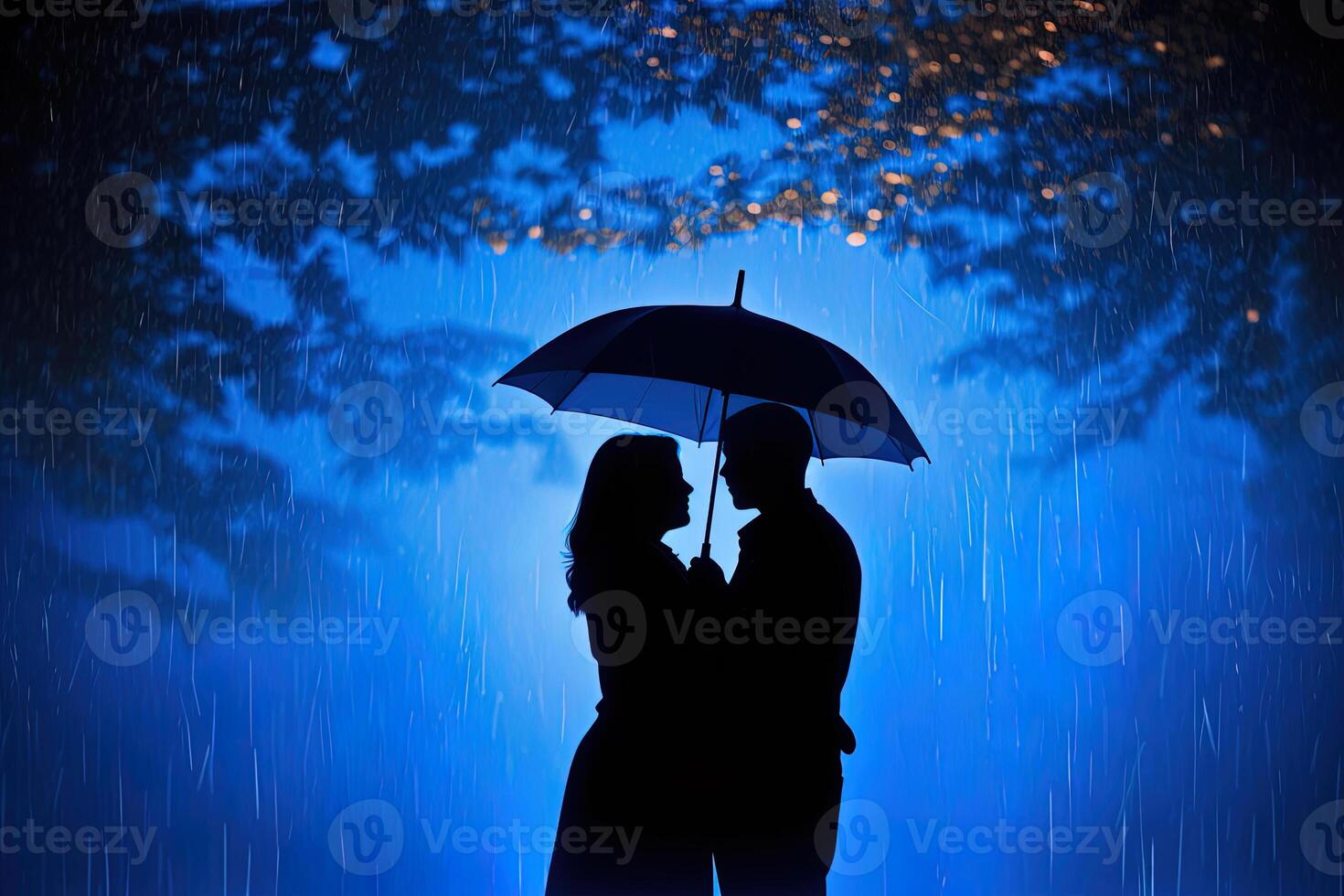 Silhouette a couple standing under an umbrella in the rain. photo