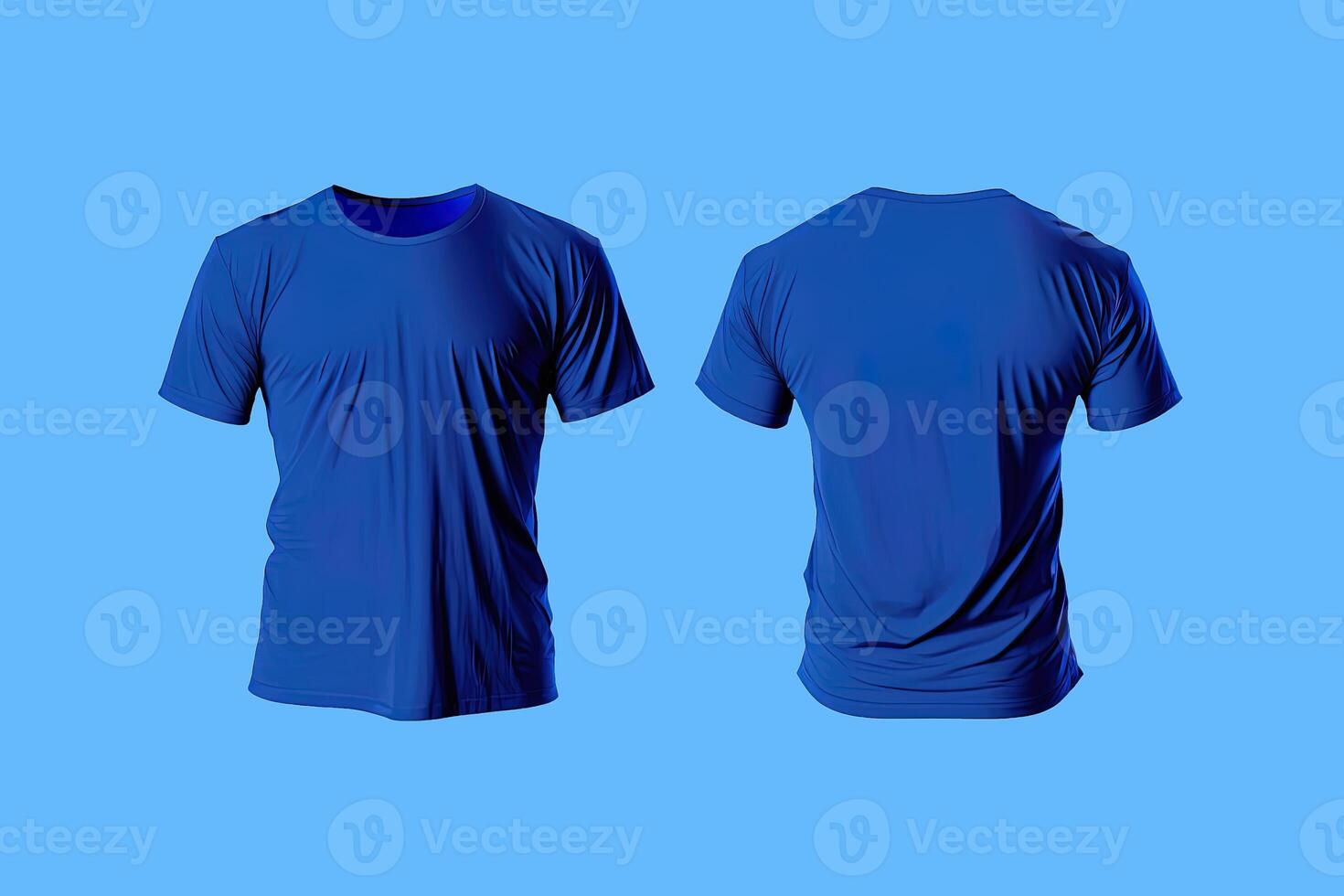 Photo realistic male blue t-shirts with copy space, front and back view.