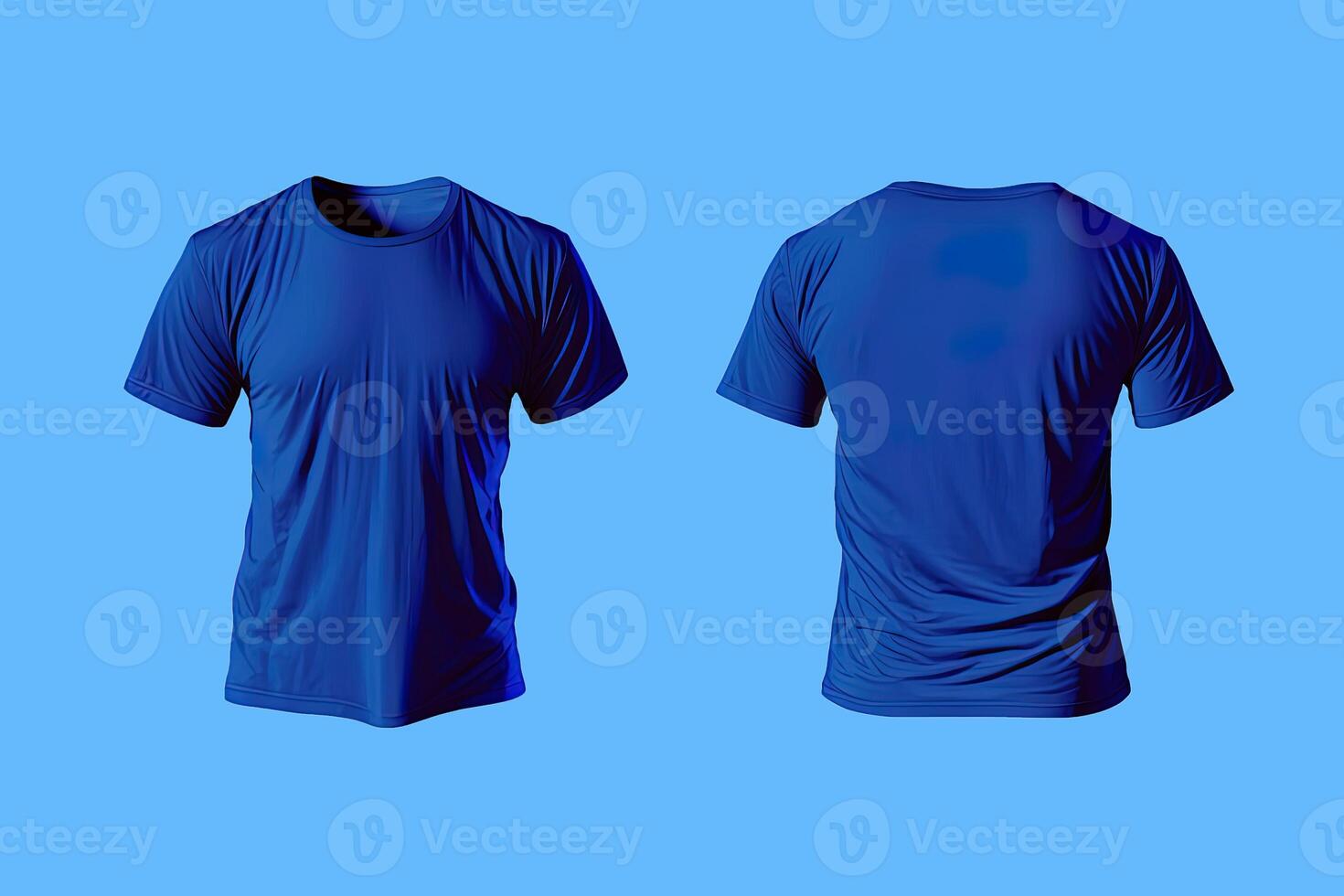 Photo realistic male blue t-shirts with copy space, front and back view.