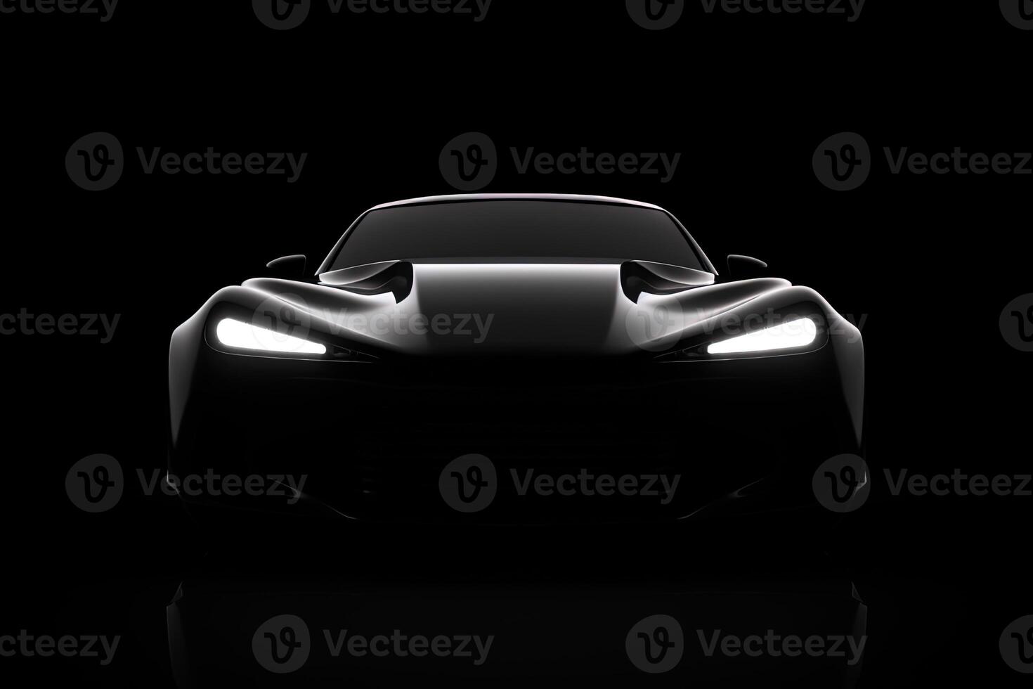 Front view dark silhouette of a modern sport black car isolated on black background. photo