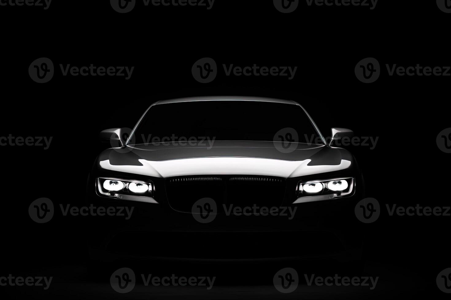 Front view dark silhouette of a modern luxury black car isolated on black background. photo