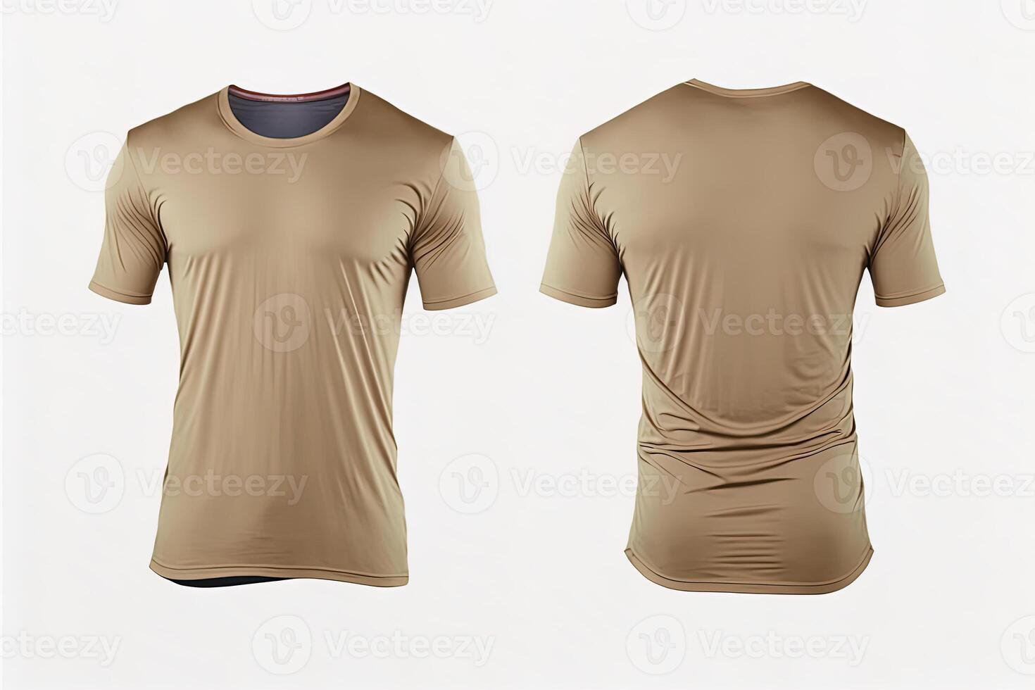 Photo realistic male beige t-shirts with copy space, front and back view.