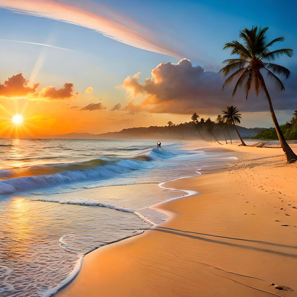 view of the beach with coconut trees at sunset. . photo