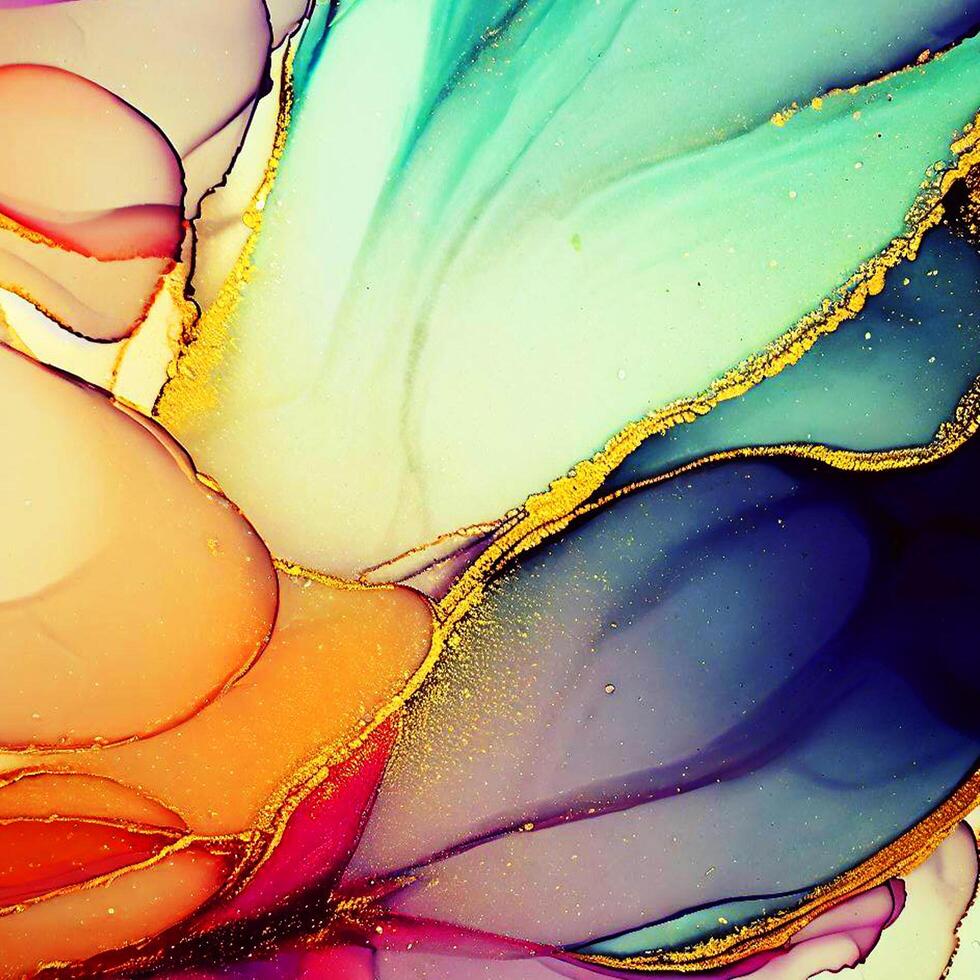 Abstract Liquid Paint Digital Paper, fluid art violet and gold glitter with alcohol ink technique photo