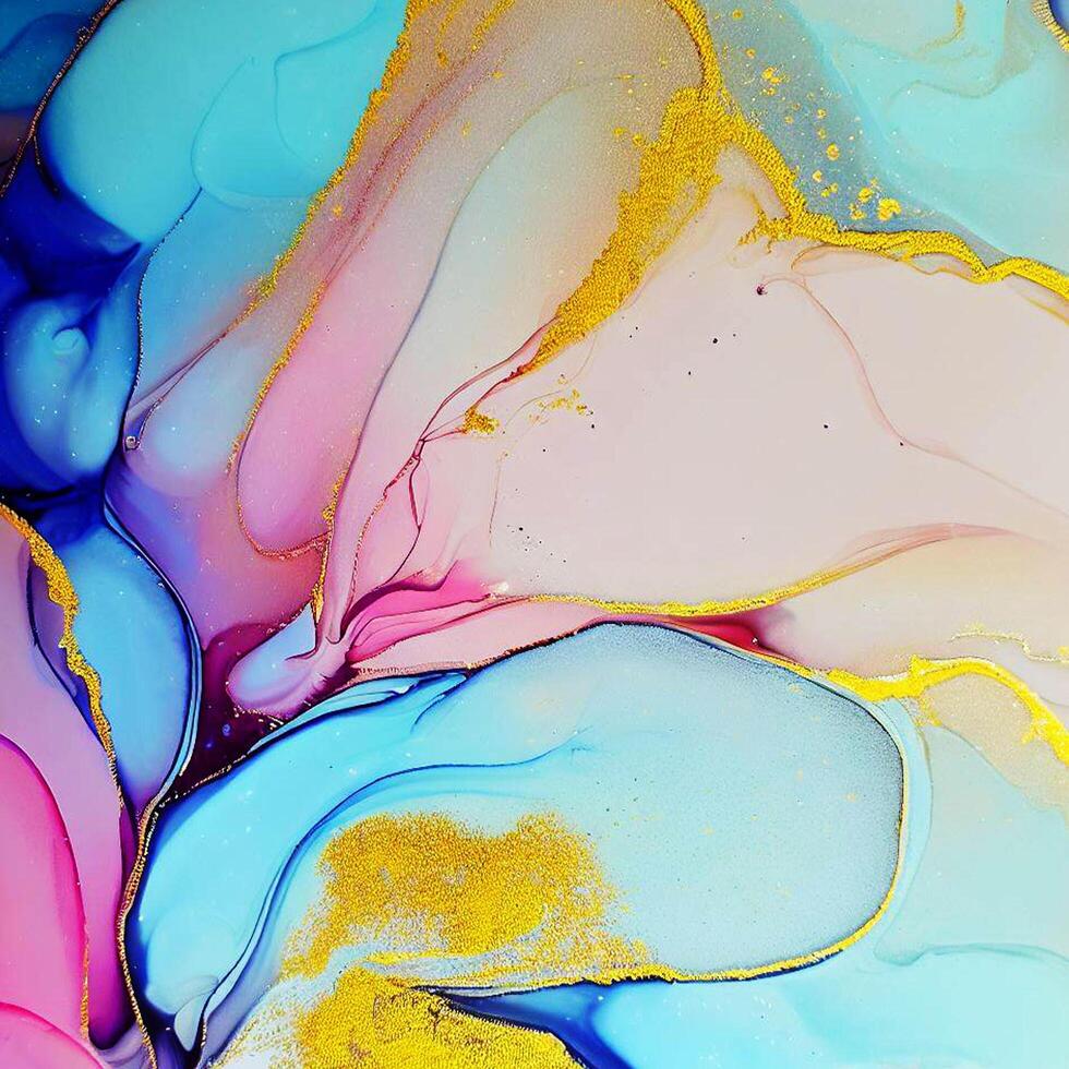 Abstract Liquid Paint Digital Paper, fluid art violet and gold glitter with alcohol ink technique photo