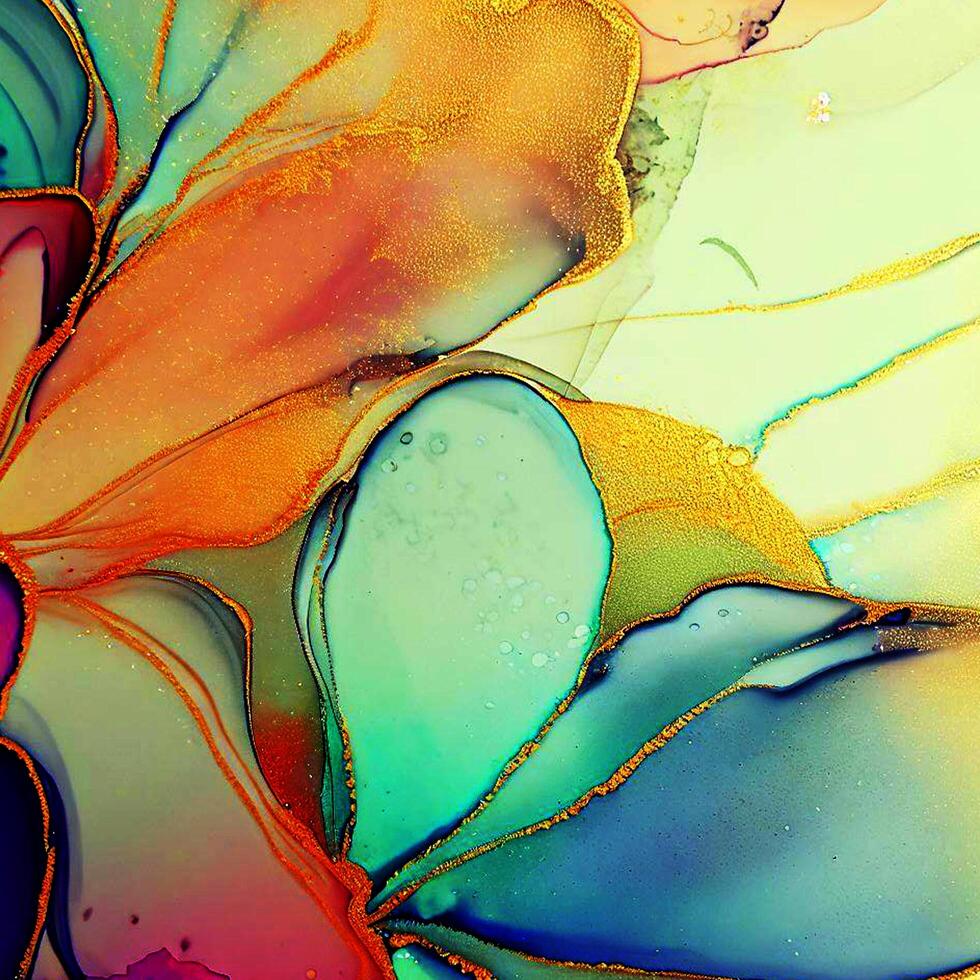 Abstract Liquid Paint Digital Paper, fluid art violet and gold glitter with alcohol ink technique photo
