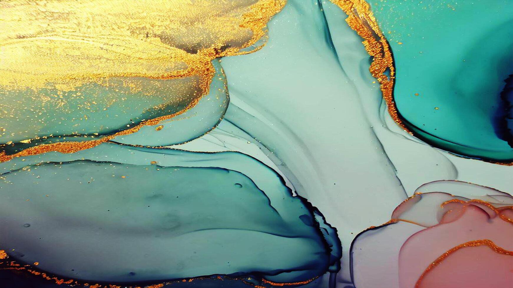 Abstract Liquid Paint Digital Paper, fluid art violet and gold glitter with alcohol ink technique photo