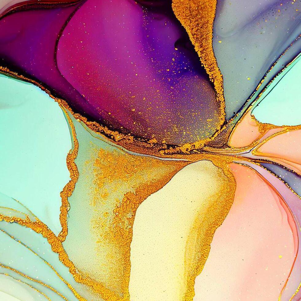 Abstract Liquid Paint Digital Paper, fluid art violet and gold glitter with alcohol ink technique photo