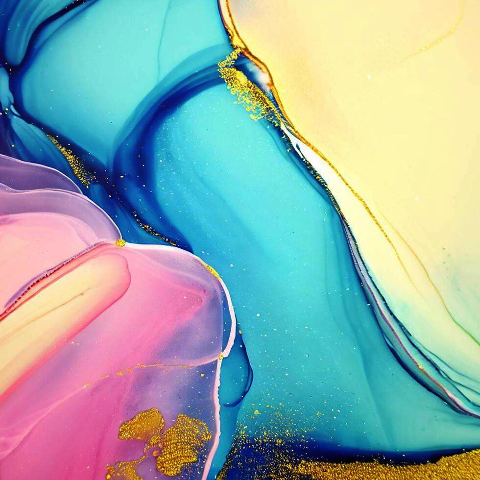 Abstract Liquid Paint Digital Paper, fluid art violet and gold glitter with alcohol ink technique photo