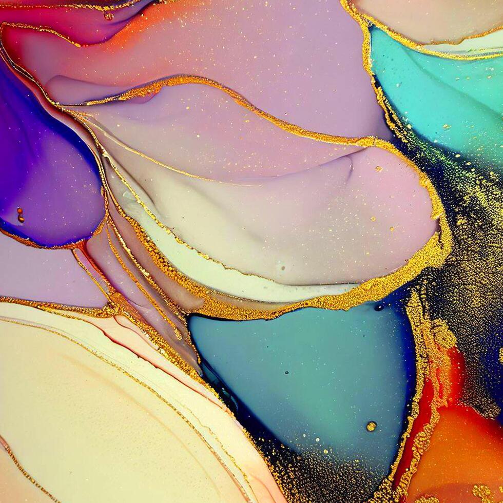 Abstract Liquid Paint Digital Paper, fluid art violet and gold glitter with alcohol ink technique photo