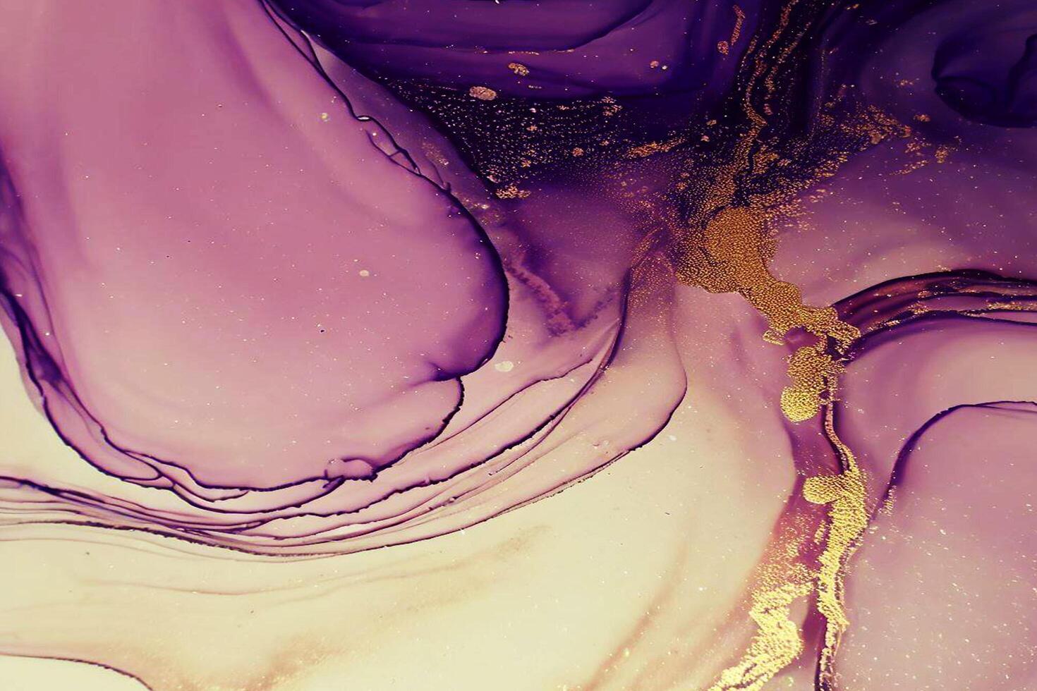 Abstract Liquid Paint Digital Paper, fluid art violet and gold glitter with alcohol ink technique photo