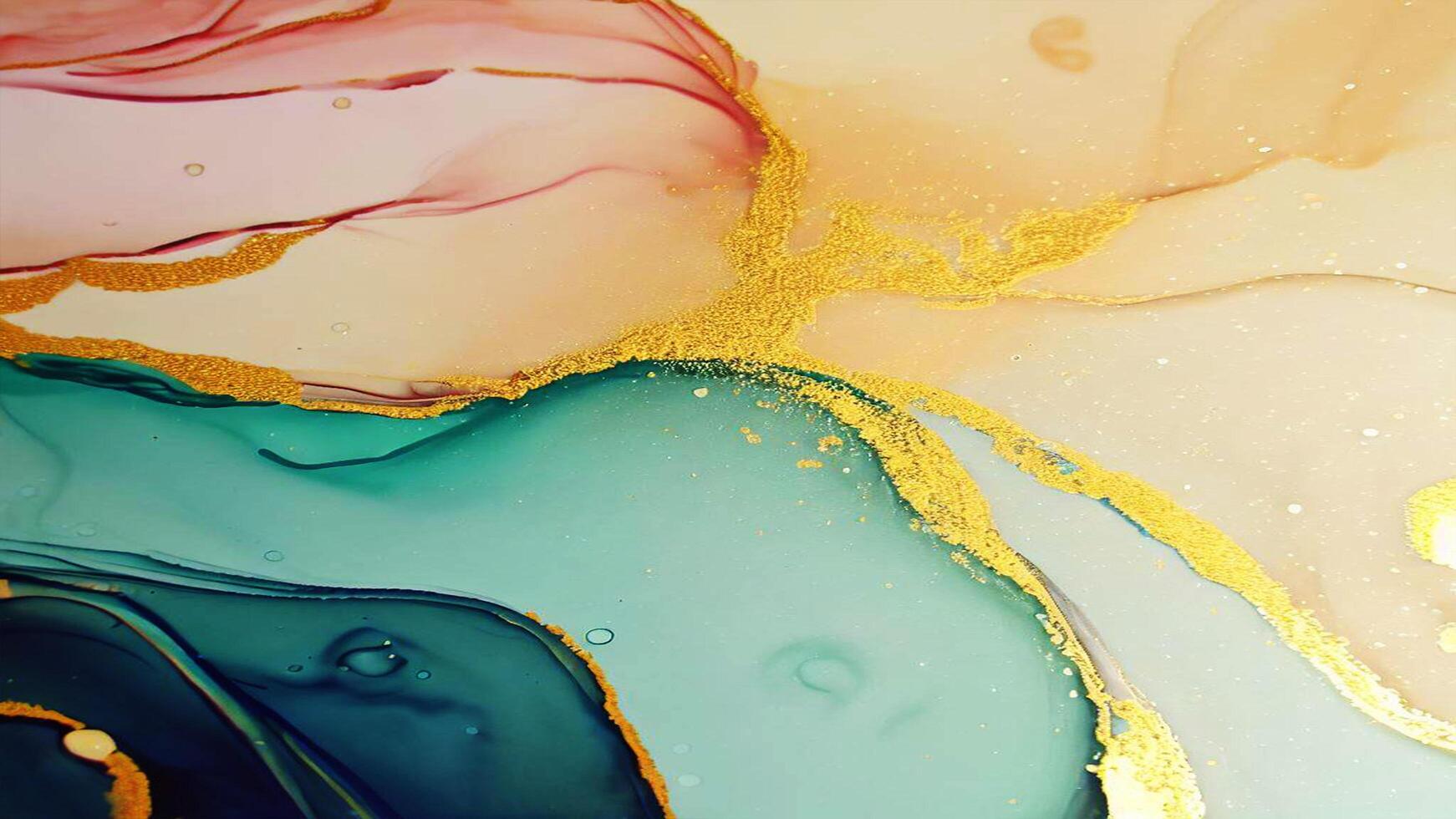 Abstract Liquid Paint Digital Paper, fluid art violet and gold glitter with alcohol ink technique photo