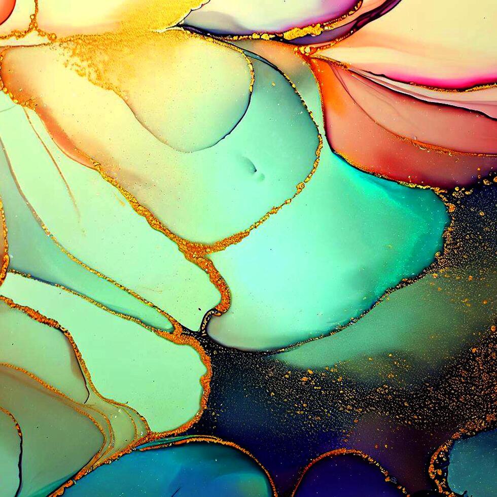 Abstract Liquid Paint Digital Paper, fluid art violet and gold glitter with alcohol ink technique photo