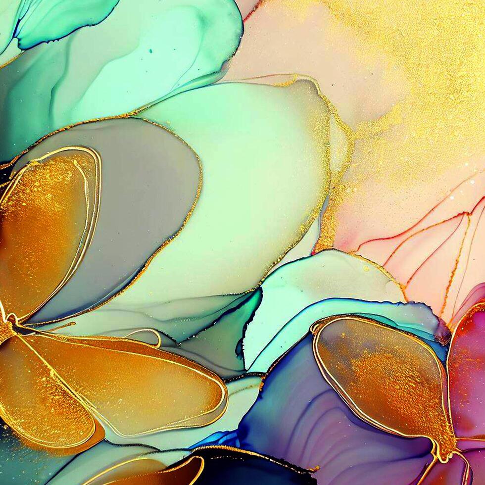 Abstract Liquid Paint Digital Paper, fluid art violet and gold glitter with alcohol ink technique photo