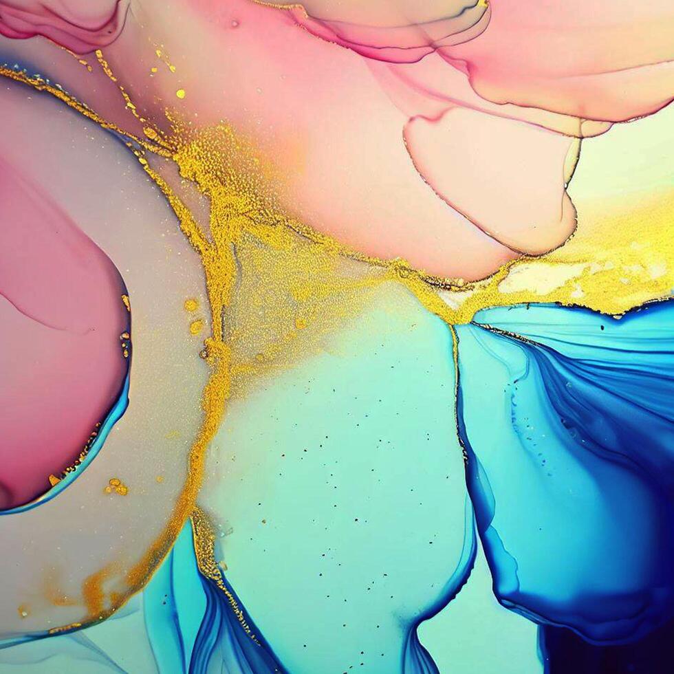 Abstract Liquid Paint Digital Paper, fluid art violet and gold glitter with alcohol ink technique photo