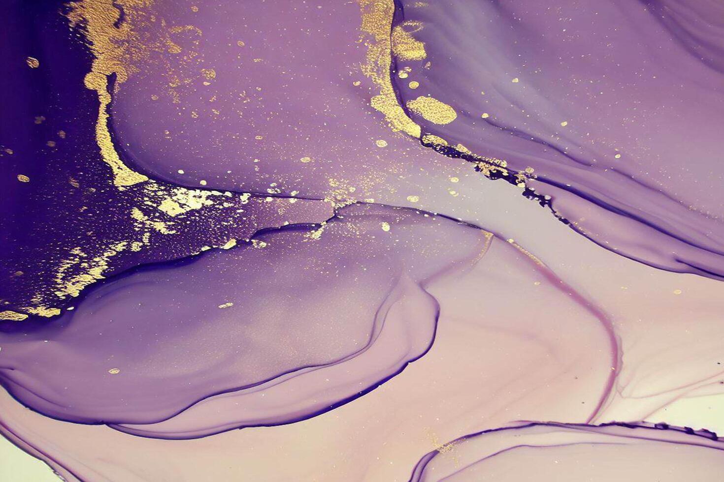 Abstract Liquid Paint Digital Paper, fluid art violet and gold glitter with alcohol ink technique photo