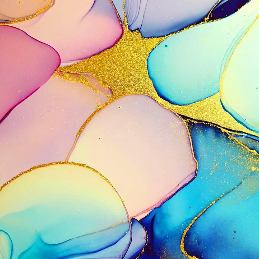 Abstract Liquid Paint Digital Paper, fluid art violet and gold glitter with alcohol ink technique photo