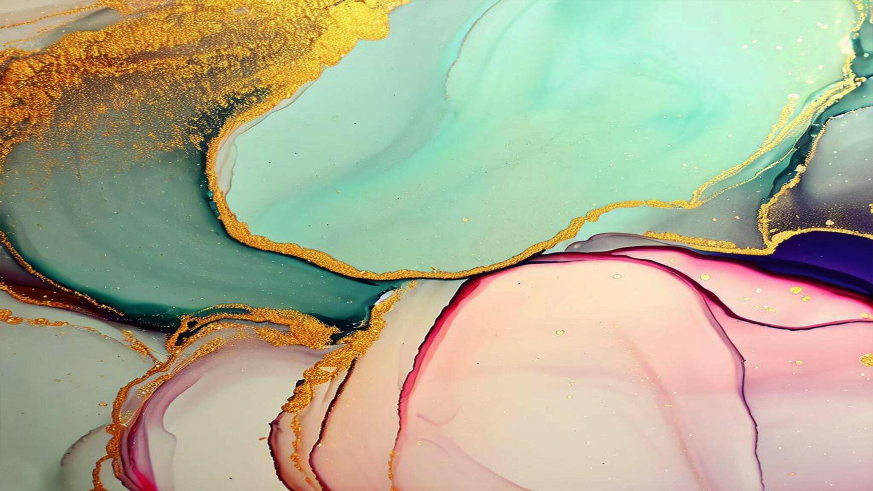 Abstract Liquid Paint Digital Paper, fluid art violet and gold glitter with alcohol ink technique photo