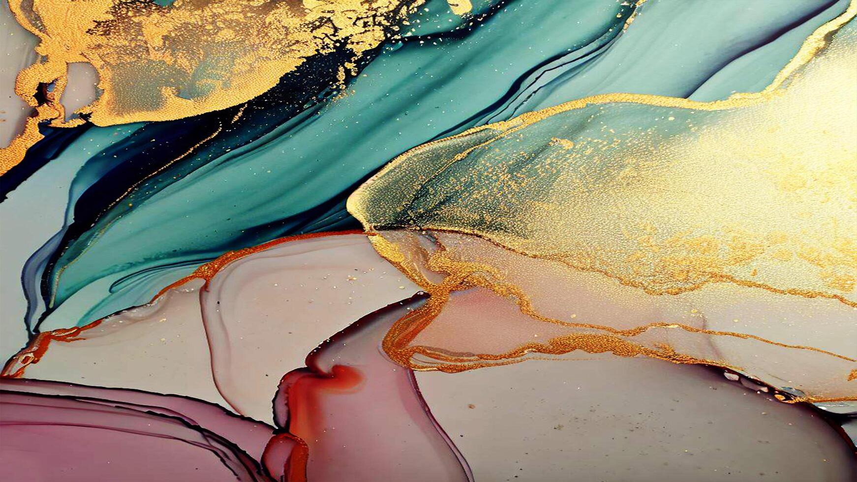 Abstract Liquid Paint Digital Paper, fluid art violet and gold glitter with alcohol ink technique photo