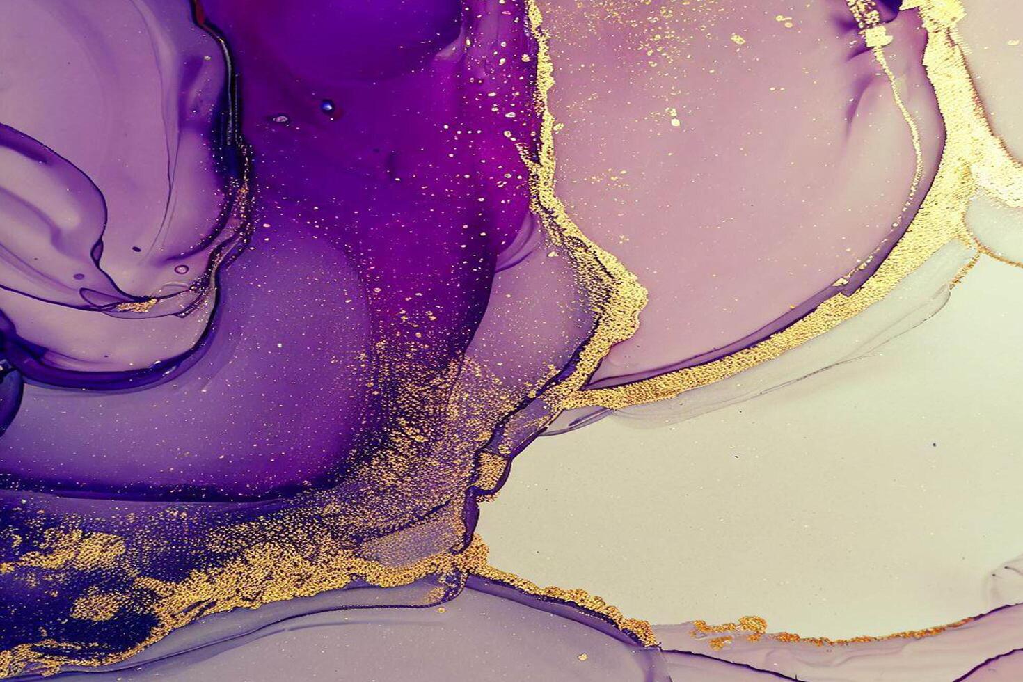 Abstract Liquid Paint Digital Paper, fluid art violet and gold glitter with alcohol ink technique photo