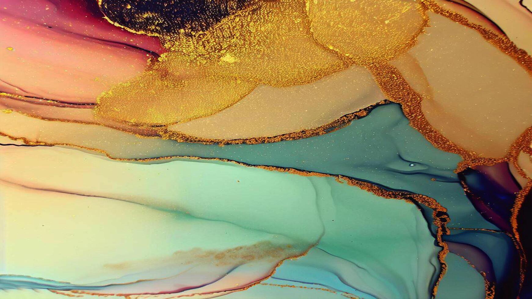 Abstract Liquid Paint Digital Paper, fluid art violet and gold glitter with alcohol ink technique photo