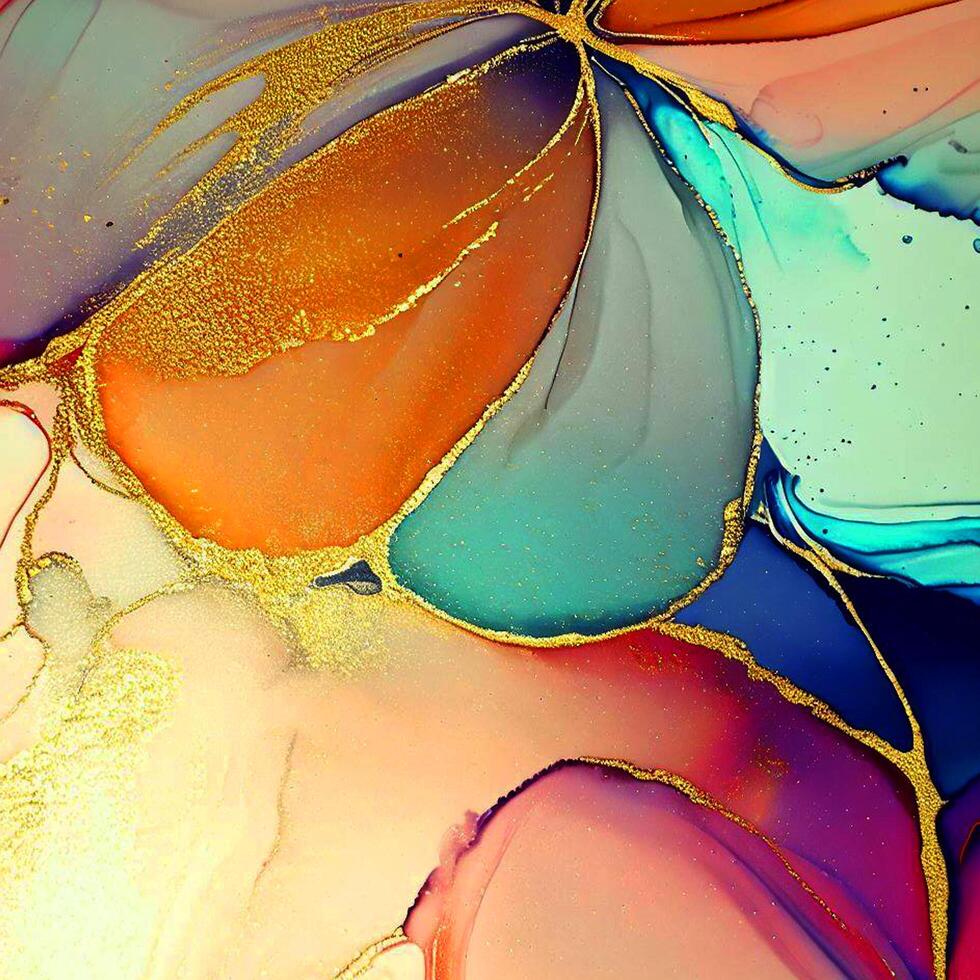 Abstract Liquid Paint Digital Paper, fluid art violet and gold glitter with alcohol ink technique photo