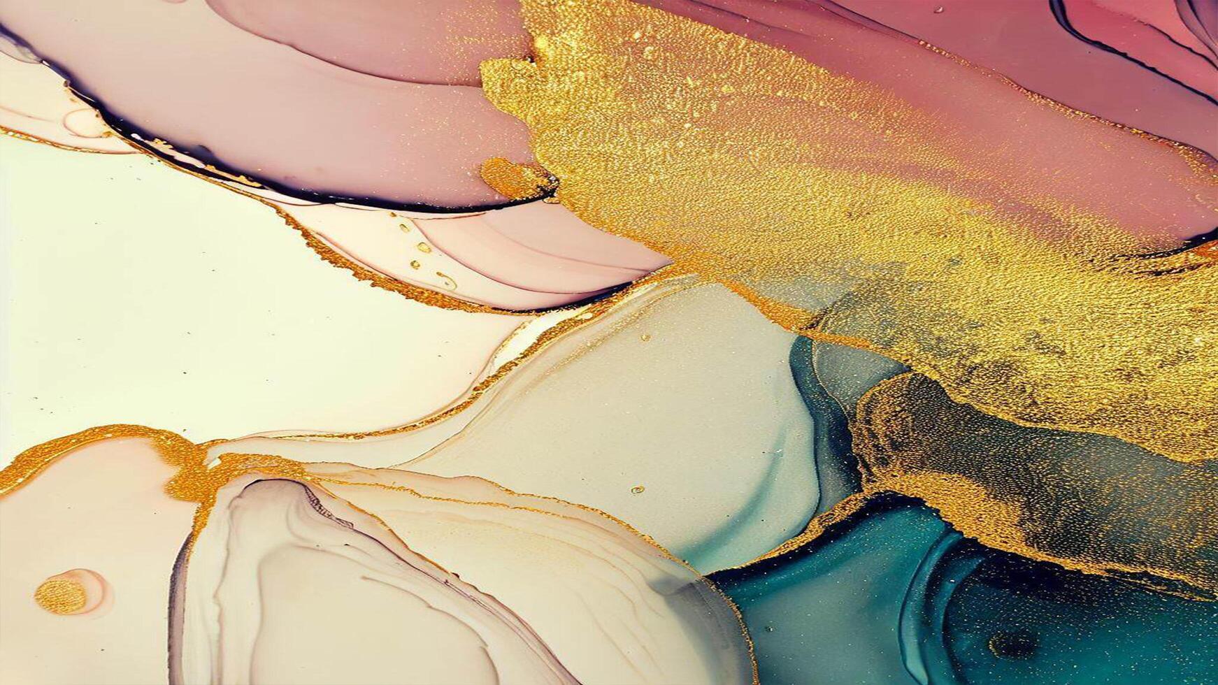 Abstract Liquid Paint Digital Paper, fluid art violet and gold glitter with alcohol ink technique photo