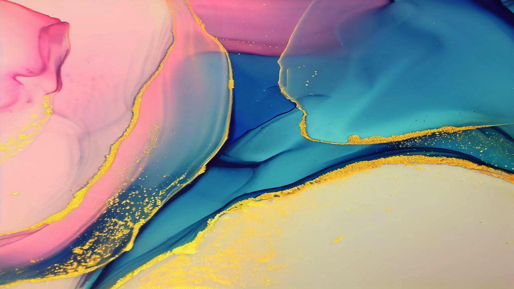 Abstract Liquid Paint Digital Paper, fluid art violet and gold glitter with alcohol ink technique photo