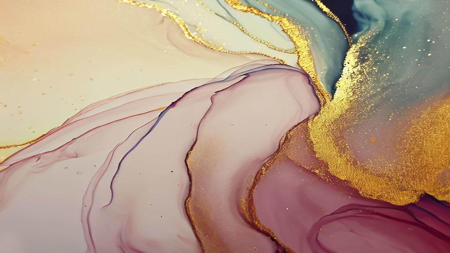 Abstract Liquid Paint Digital Paper, fluid art violet and gold glitter with alcohol ink technique photo