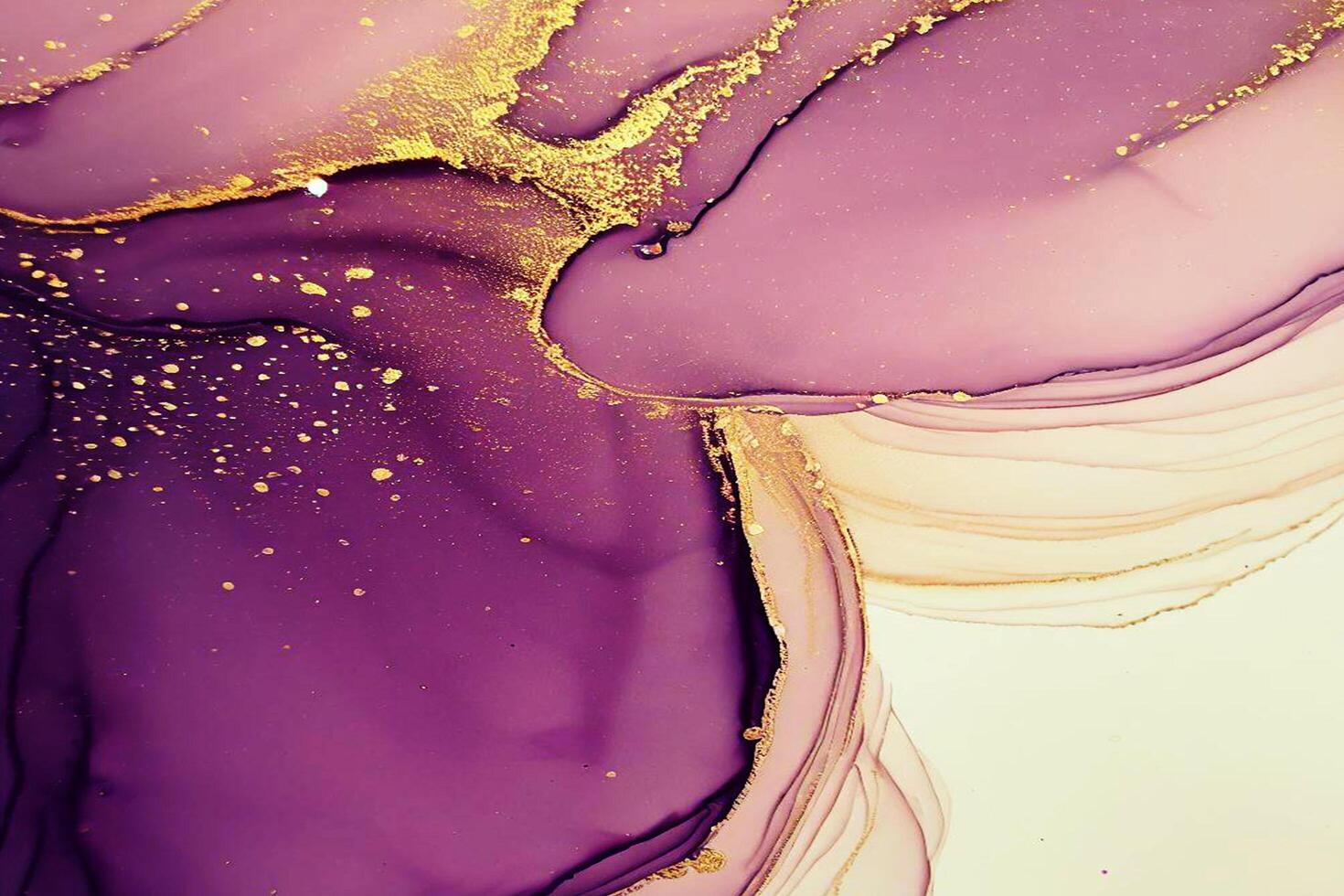 Abstract Liquid Paint Digital Paper, fluid art violet and gold glitter with alcohol ink technique photo