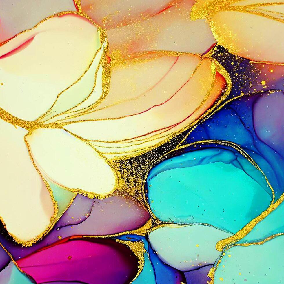 Abstract Liquid Paint Digital Paper, fluid art violet and gold glitter with alcohol ink technique photo
