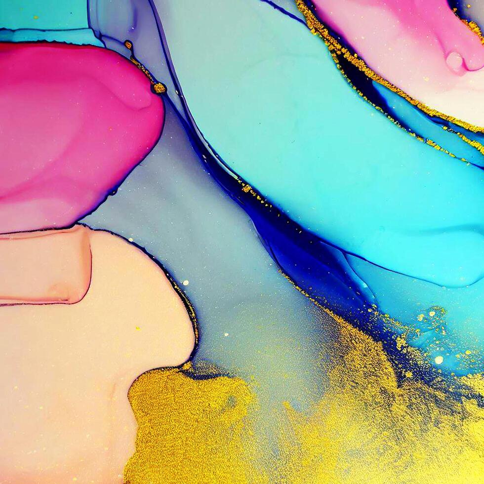 Abstract Liquid Paint Digital Paper, fluid art violet and gold glitter with alcohol ink technique photo