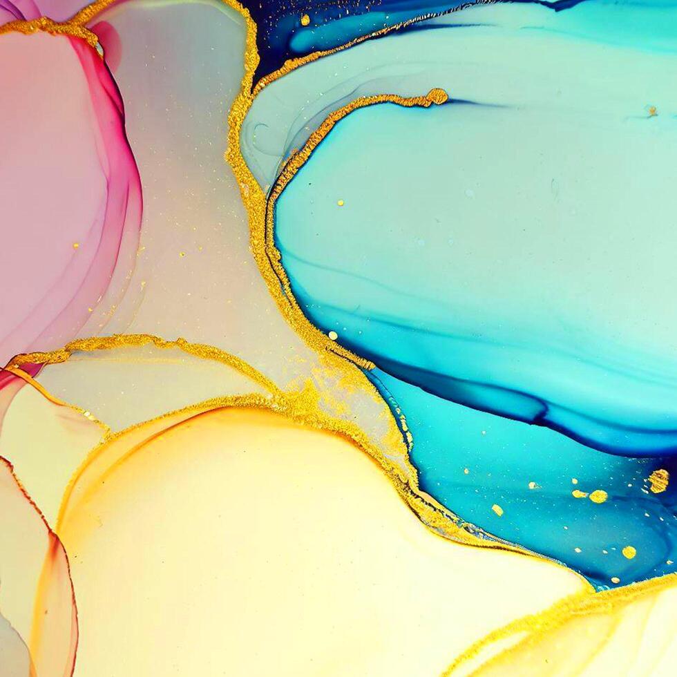 Abstract Liquid Paint Digital Paper, fluid art violet and gold glitter with alcohol ink technique photo