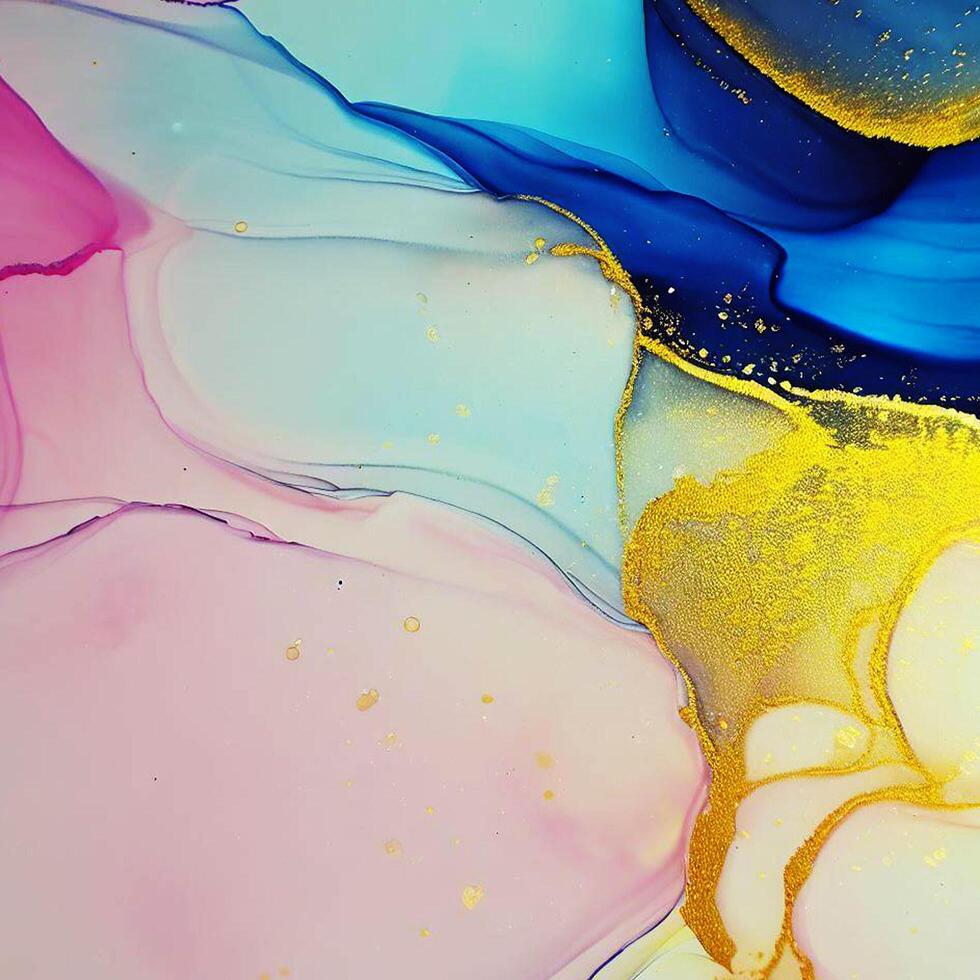 Abstract Liquid Paint Digital Paper, fluid art violet and gold glitter with alcohol ink technique photo