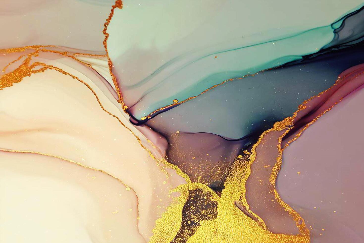 Abstract Liquid Paint Digital Paper, fluid art violet and gold glitter with alcohol ink technique photo