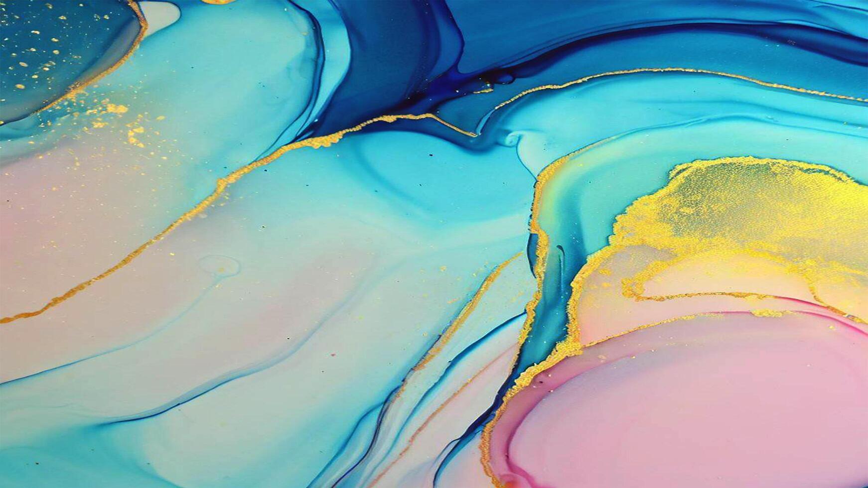 Abstract Liquid Paint Digital Paper, fluid art violet and gold glitter with alcohol ink technique photo