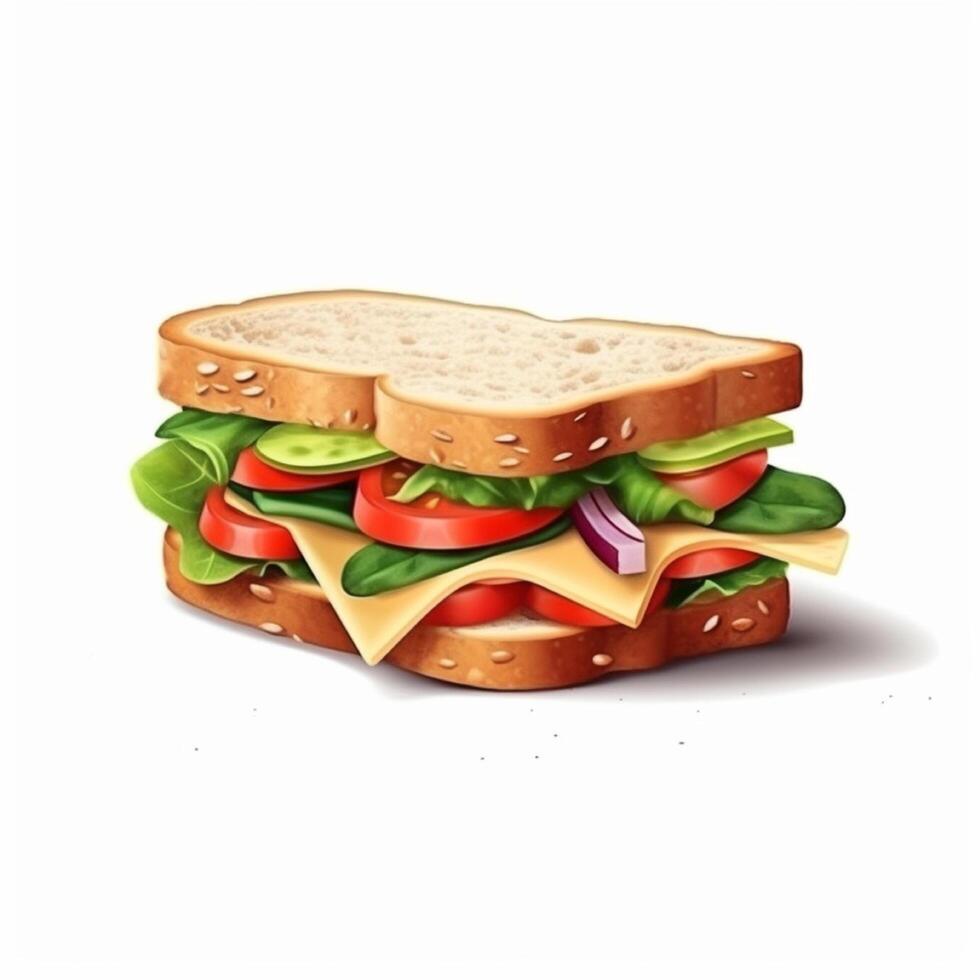 Sandwich with lettuce, onion, egg, tomato, cheese and bread. . photo