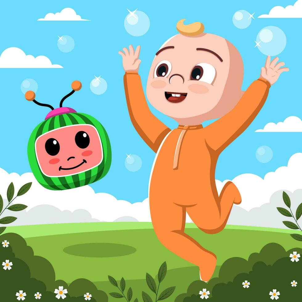 Cute Baby Play with Melon Character in the Garden vector