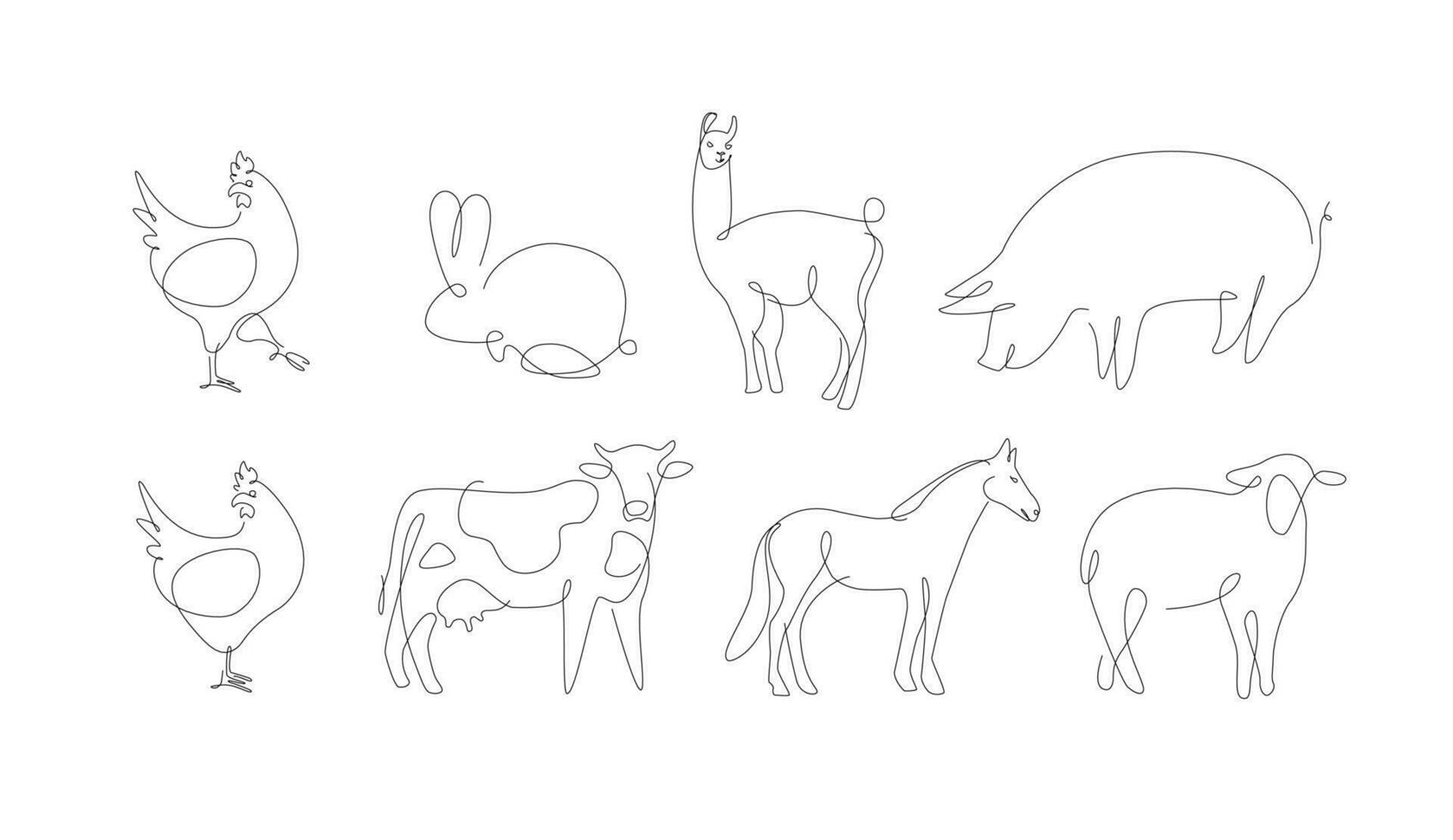 Household animals one line vector. Pets linear. Pig and chicken. vector